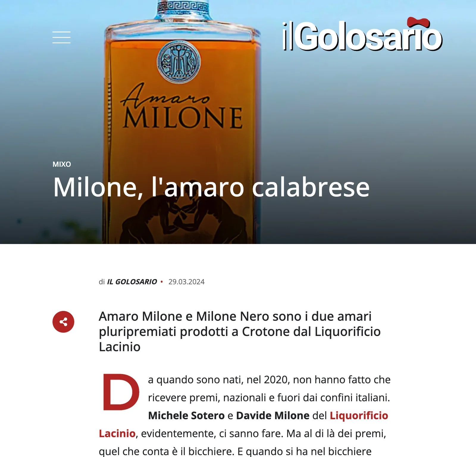 IL GOLOSARIO – Milone, l’amaro calabrese